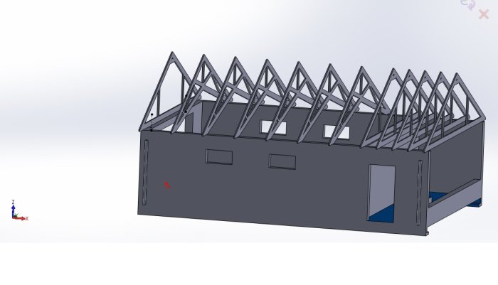 3D-modell av stommen till ett garage med saxtakstolar på ena sidan och en ramverkskonstruktion på andra.