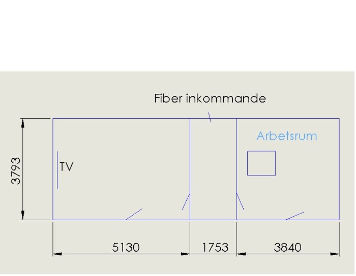 Ritning över planlösning för TV-rum och arbetsrum med mått och position för fiberanslutning.