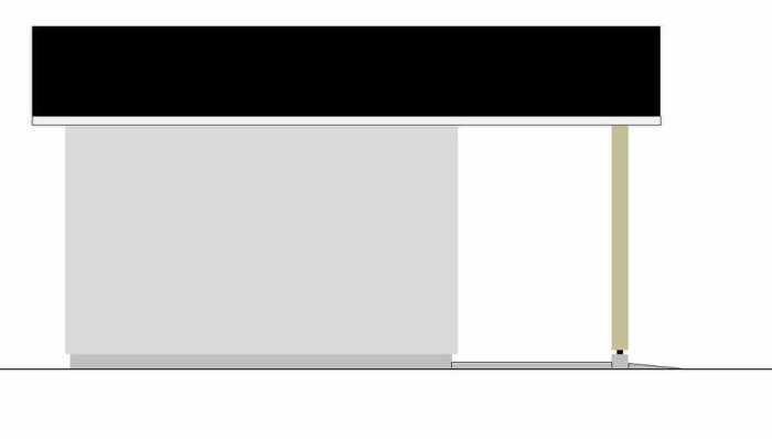 Skiss av ett hus med ett smalt fönster på långsidan samt tak och stödpelare.