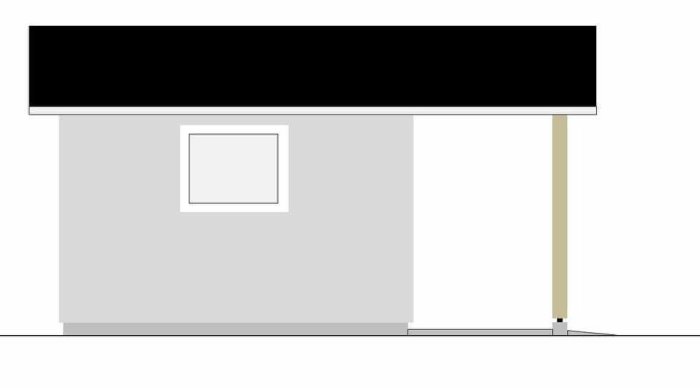 Skiss av husvägg med ett smalt fönster på långsidan och svart tak.