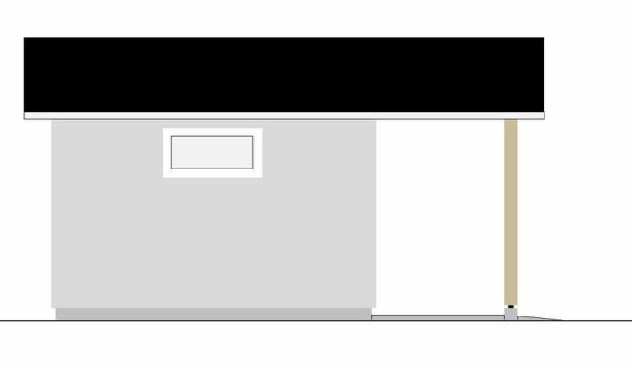 Skiss av husvägg med smalt fönster på långsidan och detaljerad taköverhäng.