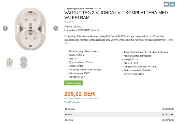 Skärmbild av ett vit jordat dubbelvägguttag med prisinformation och specifikationer. Priset visas som 205,02 SEK före moms.