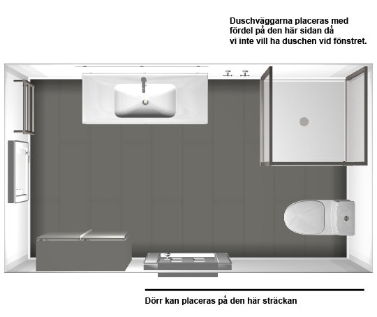 3D-layout av ett badrum med duschhörna, tvättställ och högskåp, samt markerad plats för att flytta dörren.