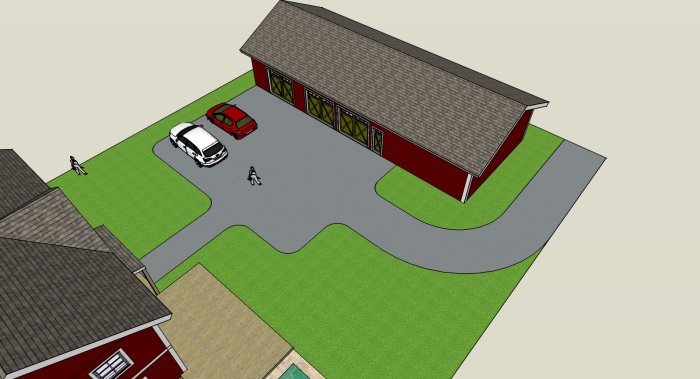 3D-illustration av en garageplan, ca 10x14m, med inritad infart, bilar och en person.