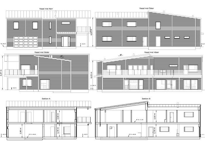 Arkitektritningar visande fasader och sektioner av ett modernt hus från olika vinklar.