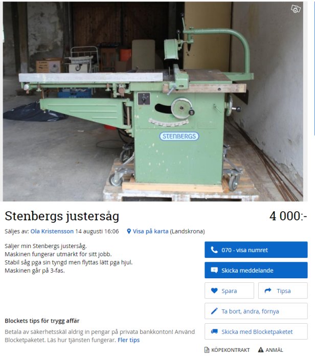 Begagnad Stenbergs justersåg i ett garage, till salu för 4 000 kronor, med skylt som visar namn och pris.