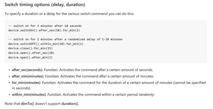 Skärmdump av kodexempel från DzVents README.md som visar switch timing optioner för LUA-script.