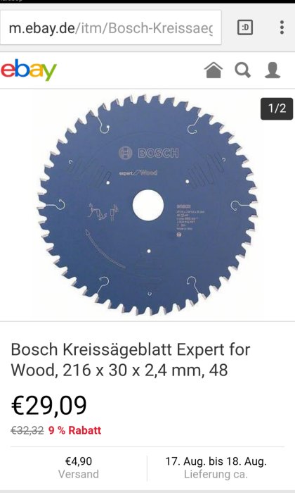 Bosch klinga för cirkelsåg, Expert for Wood 216x30x2,4mm, 48 tänder, på eBay-sida.