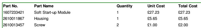 Faktura med tre postnummer och namn på beställda delar: mjukstartmodul, hölje och skruvar med priser och total kostnad.