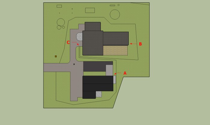 Skiss av trädgård med planerad placering av robotgräsklipparns laddstation under entrébron markerad med "C".