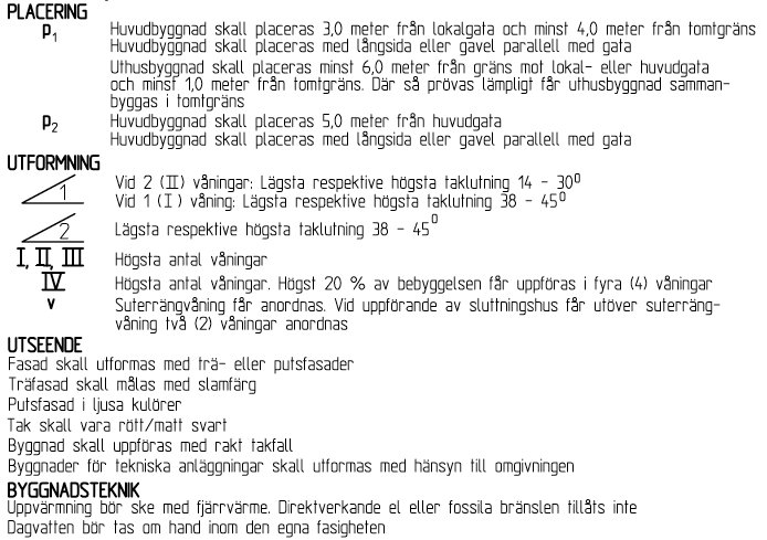 Utdrag från detaljplan med text om placering, utformning, utseende och byggnadsteknik, inklusive regler för bygghöjd och material.