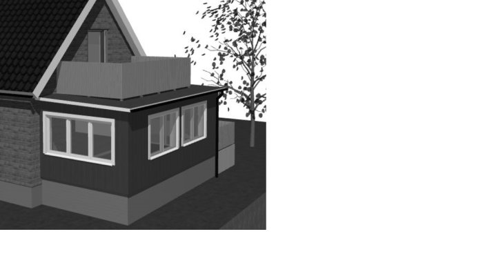 3D-rendering av ett grått hus med planerad utbyggnad och platt tak.