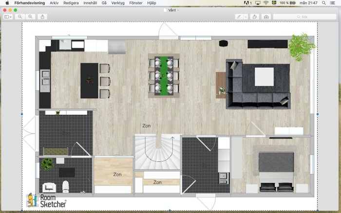 Översikt av en preliminär planlösning för ett hus, ritat i RoomSketcher, med markerade zoner för kök, vardagsrum och matplats.