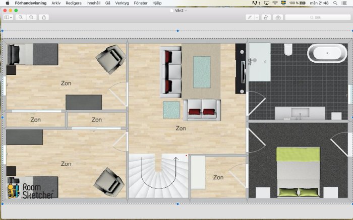 Planritning av ett hus med markerade zoner för olika rum inklusive sovrum och badrum, ritat i RoomSketcher.