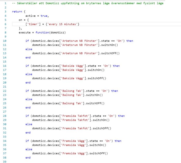 Skärmbild av LUA-skript för Domoticz som synkroniserar brytarnas status var 15:e minut.