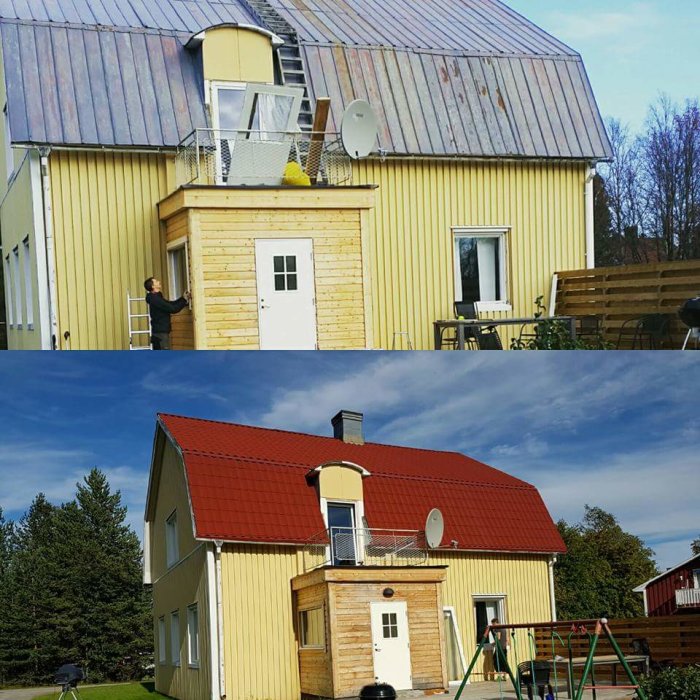 Före och efter-bilder av ett hus, ovanpå takrenovering, nedre med nytt rött tak och färdigt arbete.