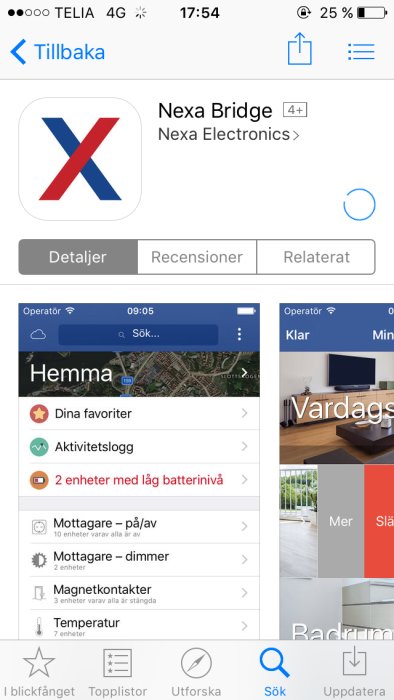 Skärmdump av mobilapp för hemautomation med gränssnitt för enhetskontroll och -övervakning.