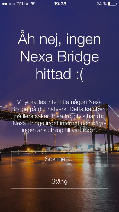 Skärmdump som visar felmeddelande "Åh nej, ingen Nexa Bridge hittad" på en smartphone.