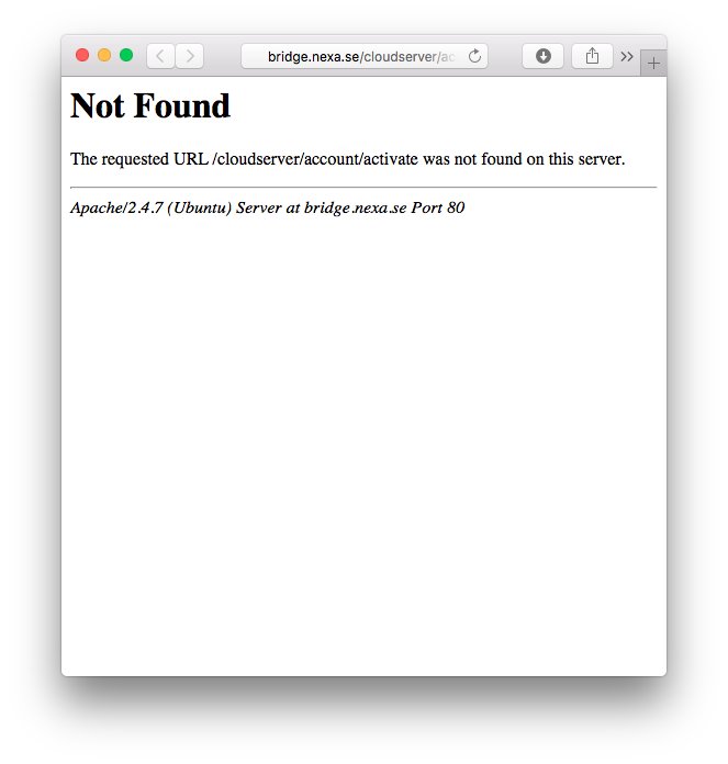 Webbläsarfönster med 404-felmeddelande "Not Found" vid försök att aktivera konto på Nexa-servrar.