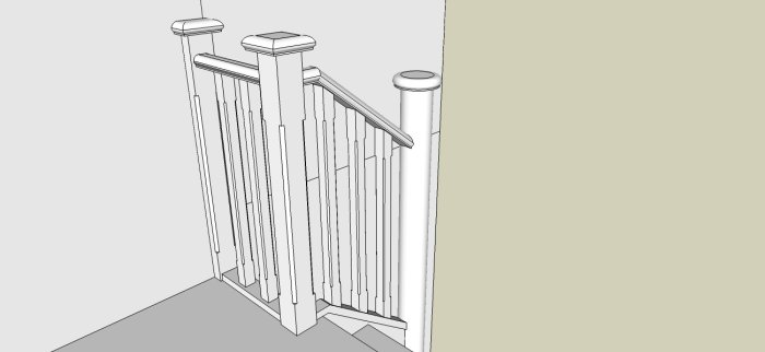 Skiss i SketchUp av ett 1920-talshus trapphus med räcken och balustrader i gråa toner.