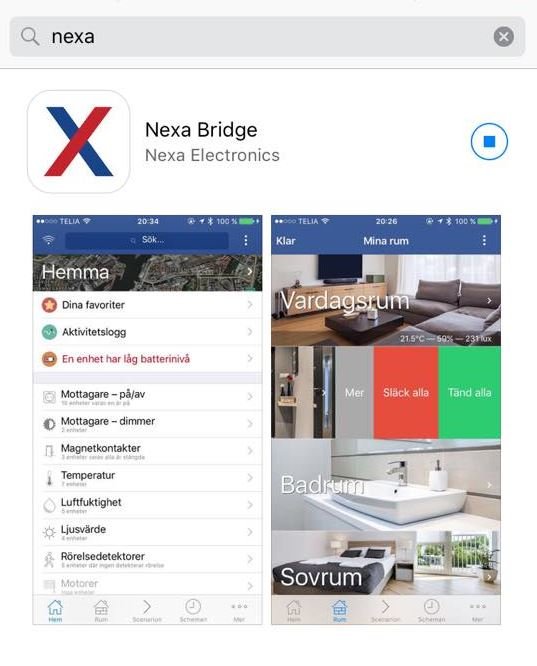 Skärmdump av Nexa Bridge-appen i en smartphone med olika smarta hem-funktioner.