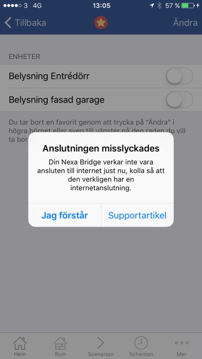 Skärmdump av en mobil enhet visar felmeddelandet "Anslutningen misslyckades" för Nexa Bridge.