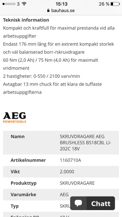 Skärmbild av en produktannons för en AEG skruvdragare med teknisk information och specifikationer.