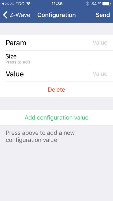 Skärmdump av Z-Wave-konfigurationsmeny på mobil med alternativ för att lägga till parametrar.