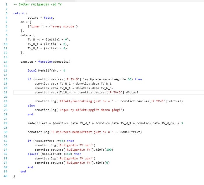 Skärmdump av kod för automatisering i hemmet relaterad till rullgardiner och energiförbrukning.