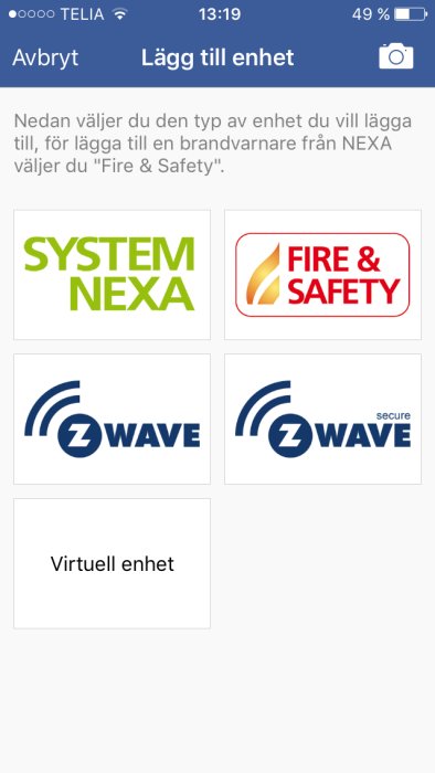 Skärmdump visar mobilapp med alternativ för att lägga till enheter, inklusive "SYSTEM NEXA" och "FIRE & SAFETY".