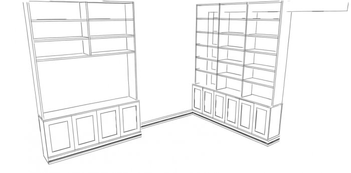 Skiss av ett hörn med öppna bokhyllor och skåp som fungerar som rumsavdelare.