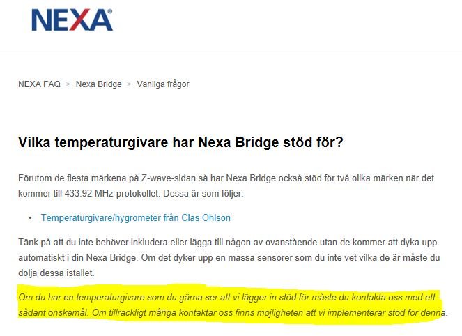 Skärmdump från NEXA:s FAQ-sektion om stöd för temperaturgivare med markerad text.