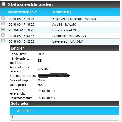 Skärmbild av en paketspårning med status från bokning till leverans.