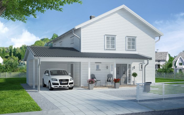 Vit enplansvilla med svart falsat plåttak över garage och veranda, bil parkerad framför.