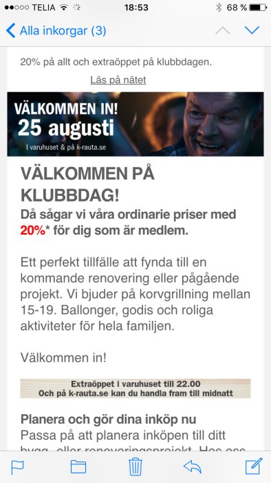 Reklambild för klubbkväll med text som erbjuder 20% rabatt och en glad man i bakgrunden.