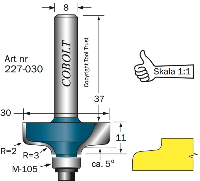 Teknisk ritning av en verktygsdel med måttangivelser, artikelnr 227-030 och texten 'COBOLT' samt en skalahand.