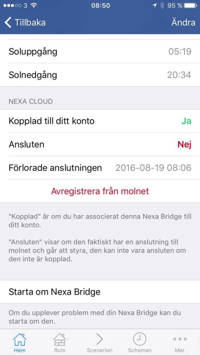 Skärmdump av en smartenhets app som visar problem med anslutning för en Nexa Bridge, med alternativ att omstarta.