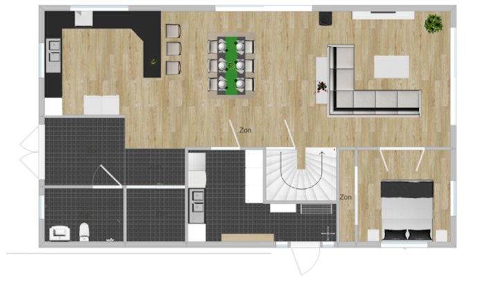 Översiktsbild av en våningsplansritning med möblerade rum och noterade zoner.