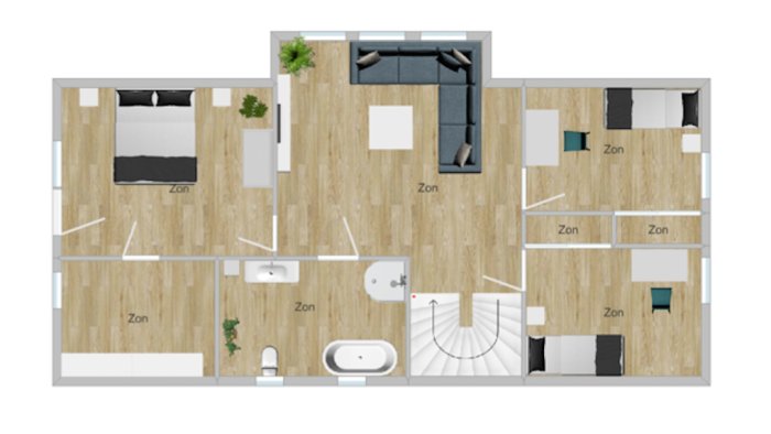 3D-ritning av ett hus på två våningar med markerade zoner för sovrum, allrum, toalett och tvättstuga.