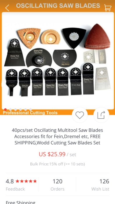 Set med 40 oscillerande sågblad för multiverktyg, tillbehör för Fein och Dremel.