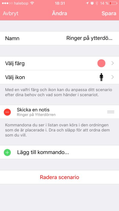 Skärmdump av en app med ett scenarioredigeringsfönster för ett hemautomationssystem.