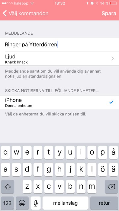 Skärmdump av en smartphone som visar en notifieringsinställning för "Ringer på Ytterdörren" med ljudet "knack knack".