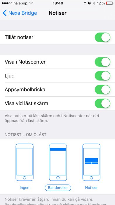 Inställningsskärm för notiser på en smartphone med aktiverade alternativ för tillåtelse och ljud.