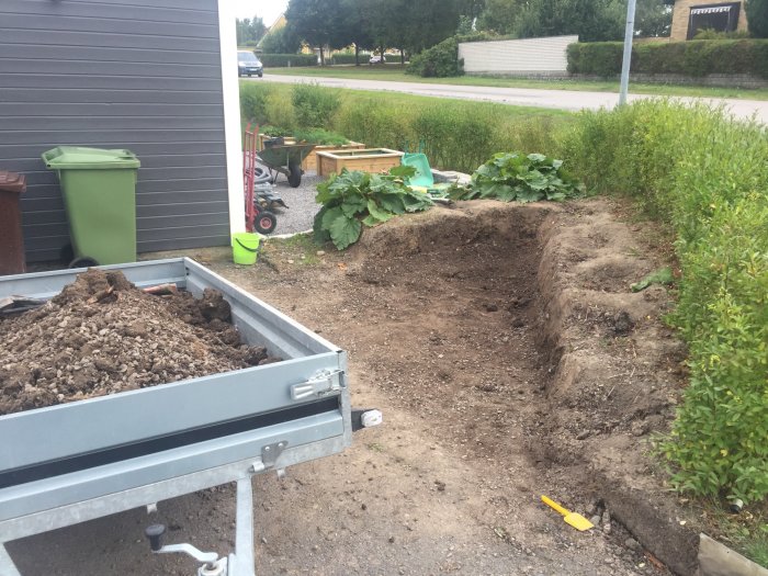 Grävd rabatt bredvid ett garage med en släpvagn fylld av jord, omgiven av trädgårdsredskap och växter.