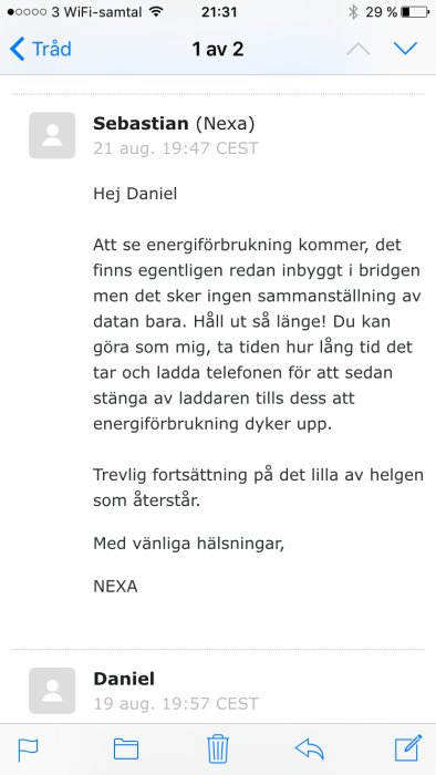 Skärmdump av ett foruminlägg där en användare diskuterar energiförbrukningsdata för en bro.