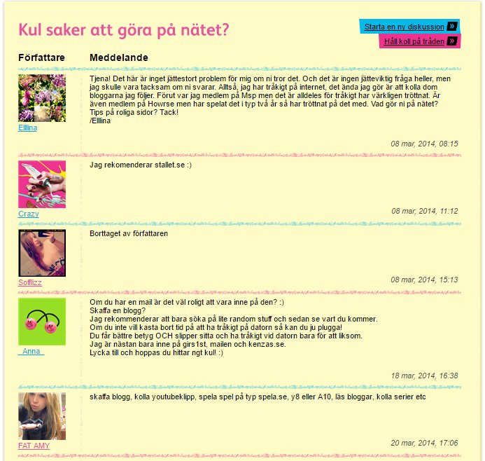 Skärmdump av ett diskussionsforum med en tråd om tips på roliga saker att göra på internet.