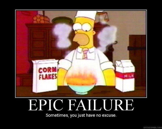 Tecknad figur liknande Homer Simpson som orsakar en brand i en skål, med texten "EPIC FAILURE" ovanför.