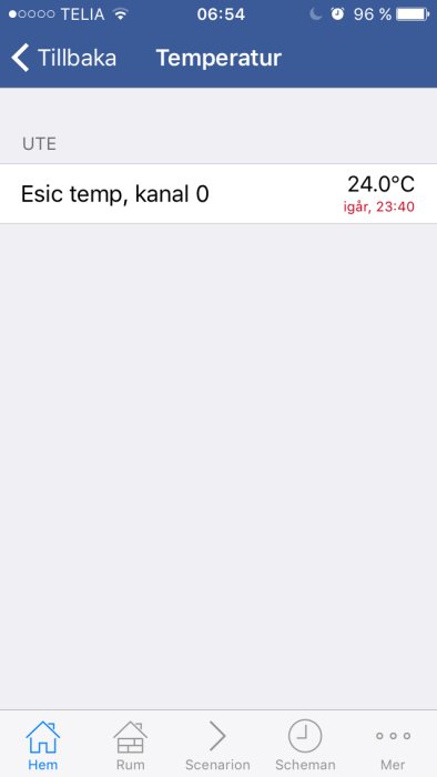 Mobilskärm med temperaturavläsningsapp som visar 'Esic temp, kanal 0' med uppmätt värde på 24.0°C.