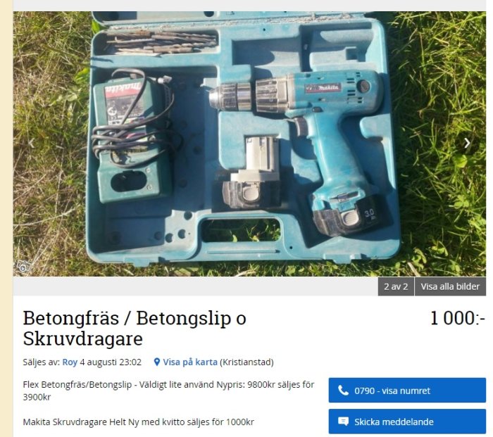 Verktygsväska med betongfräs och skruvdragare från Makita, ny med kvitto, i gräs.