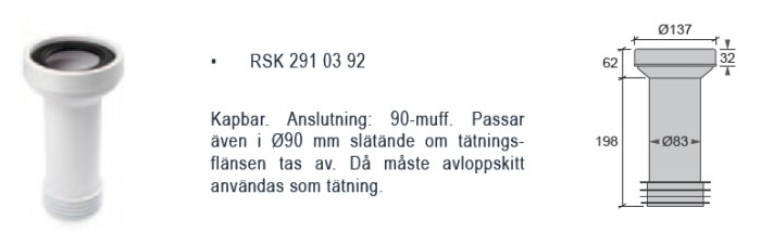 Avloppsrörskoppling och teknisk ritning med dimensioner för anslutning till toalettstol.